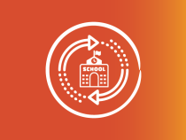A graphic showing a school building with circular arrows around it.