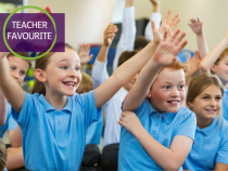 A group of children sit with their hands in the air. They are smiling and looking ahead. A graphic in the top left reads: Teacher Favourite.